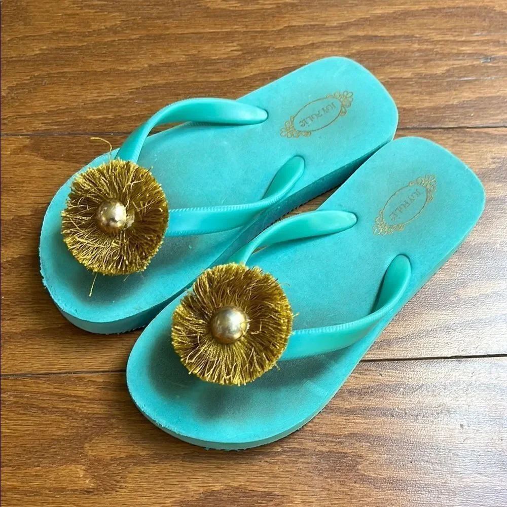 Teal Flip Flops with Gold Pom Pom